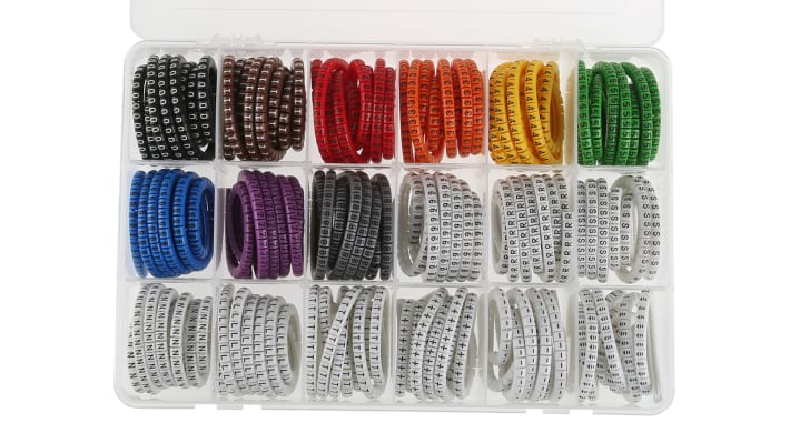 [RS-914-0602] RS PRO Slide On Cable Marker Kit, Black, Blue, Brown, Green, Grey, Orange, Red, Violet, White, Yellow, Pre-printed "-,